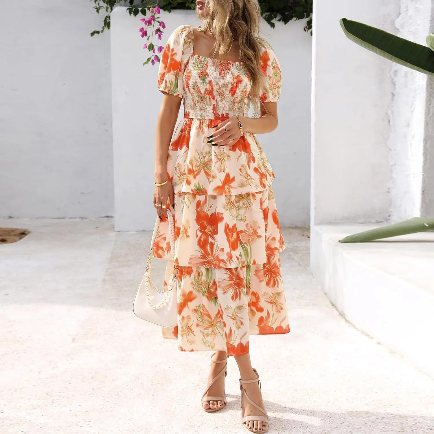 Tiered Maxi Dresses for Women 2025 Casual Boho Summer Dress Cute Long Floral Dresses Square Neck Short Sleeve Dress