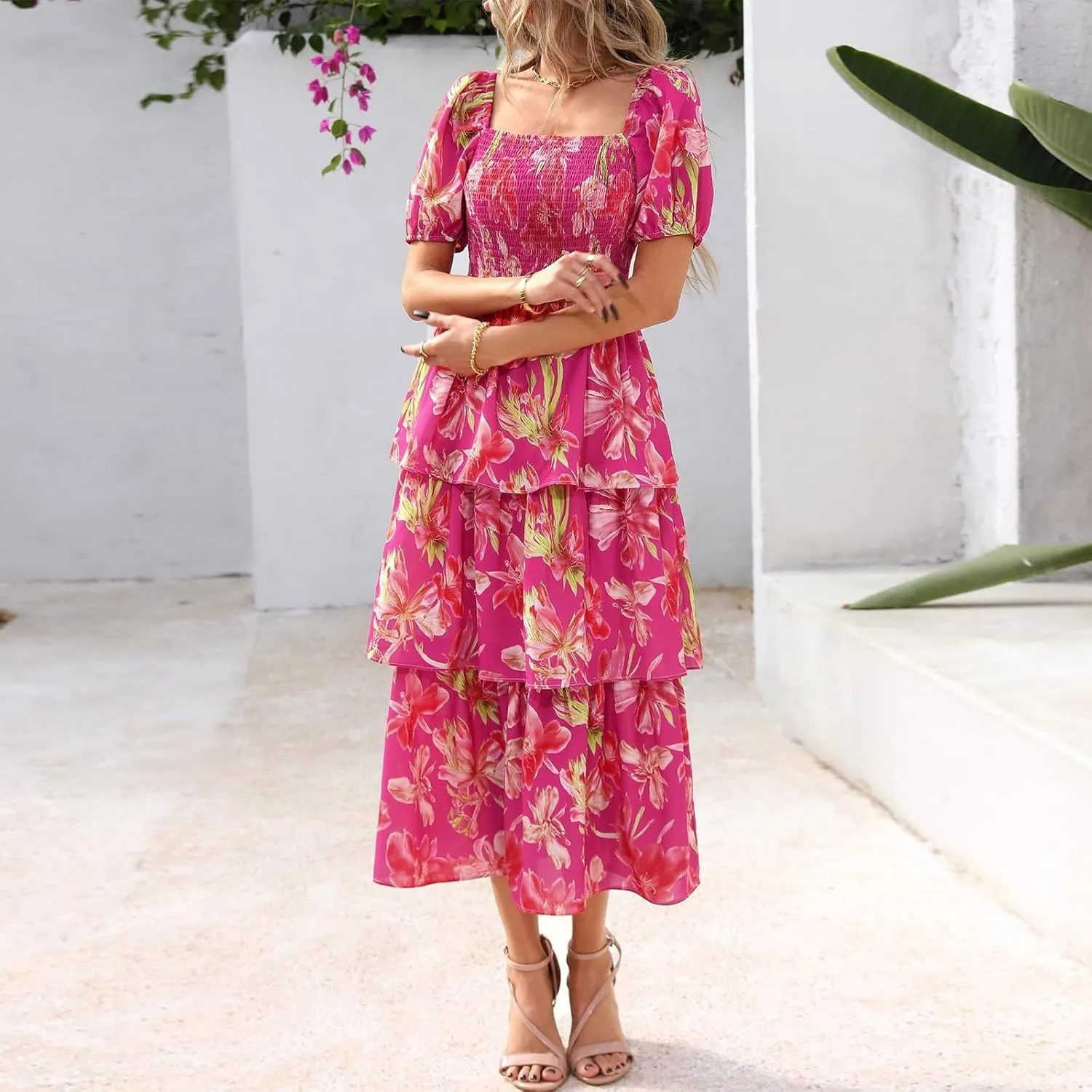 Tiered Maxi Dresses for Women 2025 Casual Boho Summer Dress Cute Long Floral Dresses Square Neck Short Sleeve Dress
