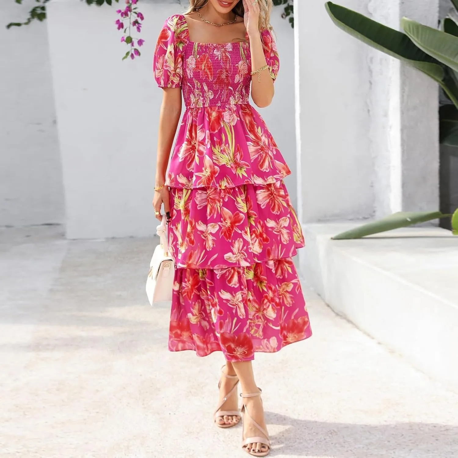 Tiered Maxi Dresses for Women 2025 Casual Boho Summer Dress Cute Long Floral Dresses Square Neck Short Sleeve Dress