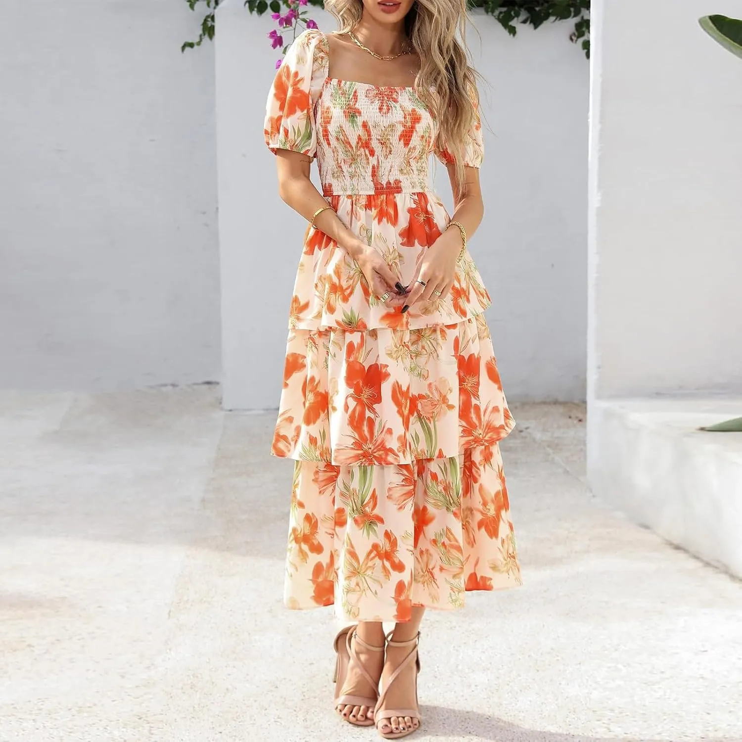 Tiered Maxi Dresses for Women 2025 Casual Boho Summer Dress Cute Long Floral Dresses Square Neck Short Sleeve Dress