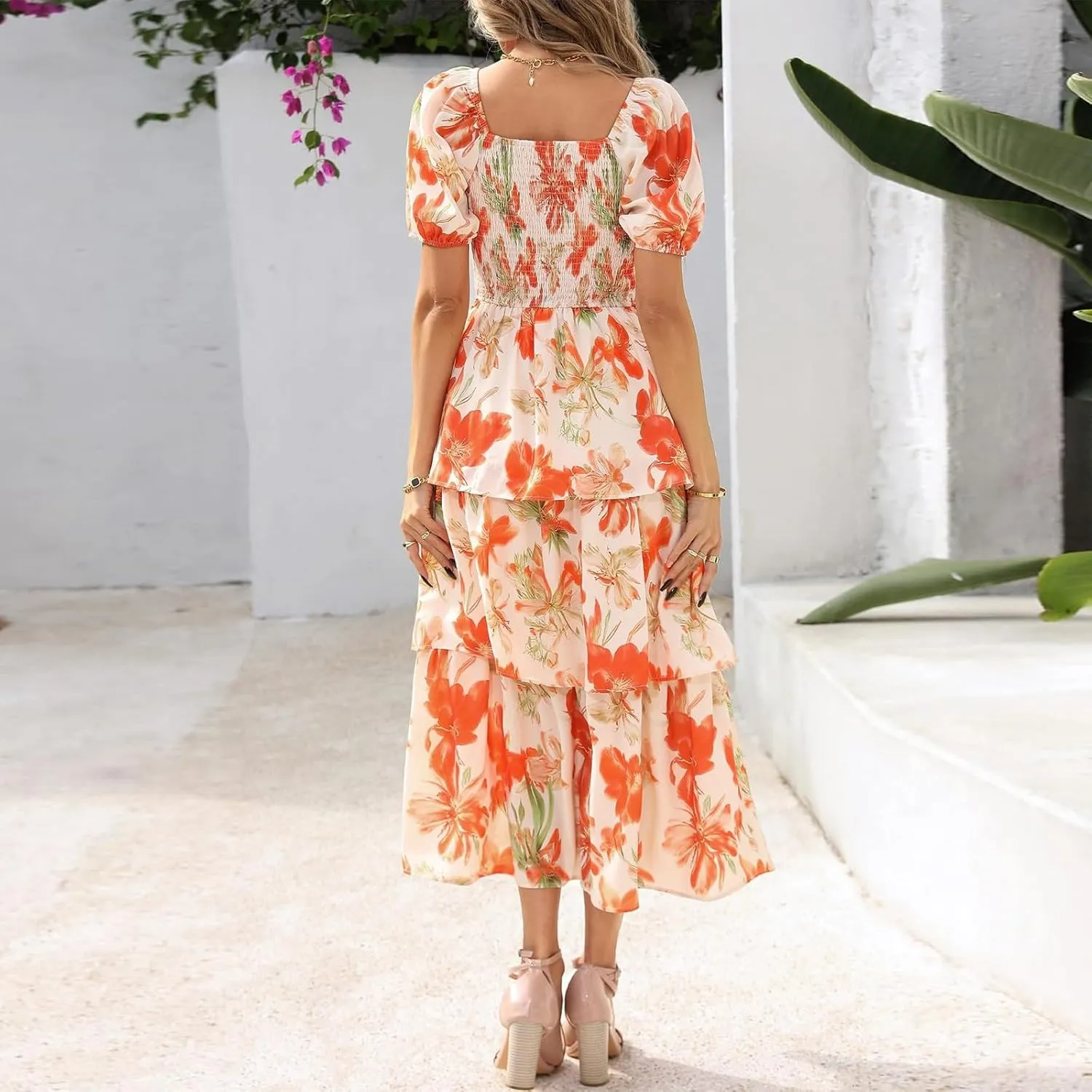 Tiered Maxi Dresses for Women 2025 Casual Boho Summer Dress Cute Long Floral Dresses Square Neck Short Sleeve Dress