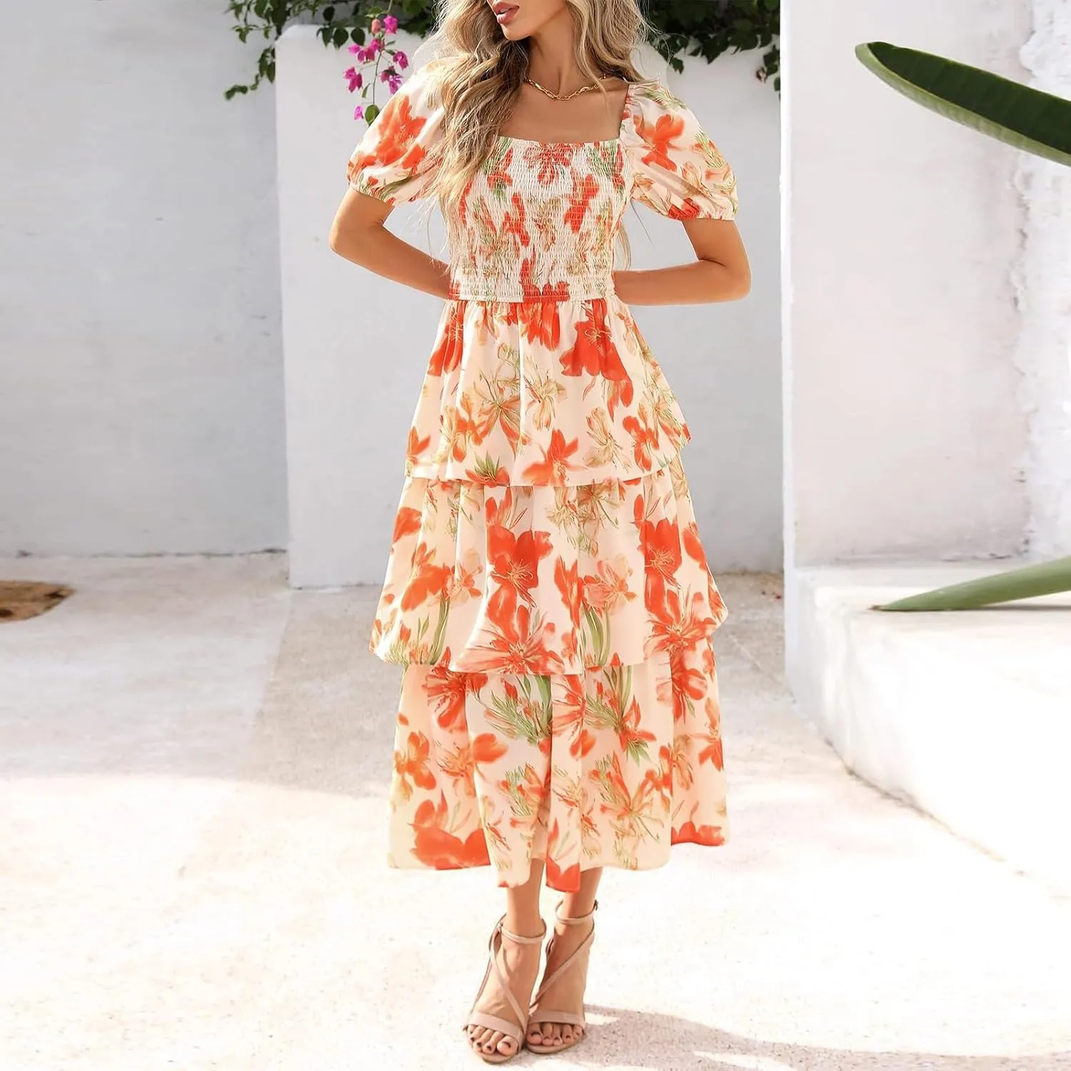 Tiered Maxi Dresses for Women 2025 Casual Boho Summer Dress Cute Long Floral Dresses Square Neck Short Sleeve Dress
