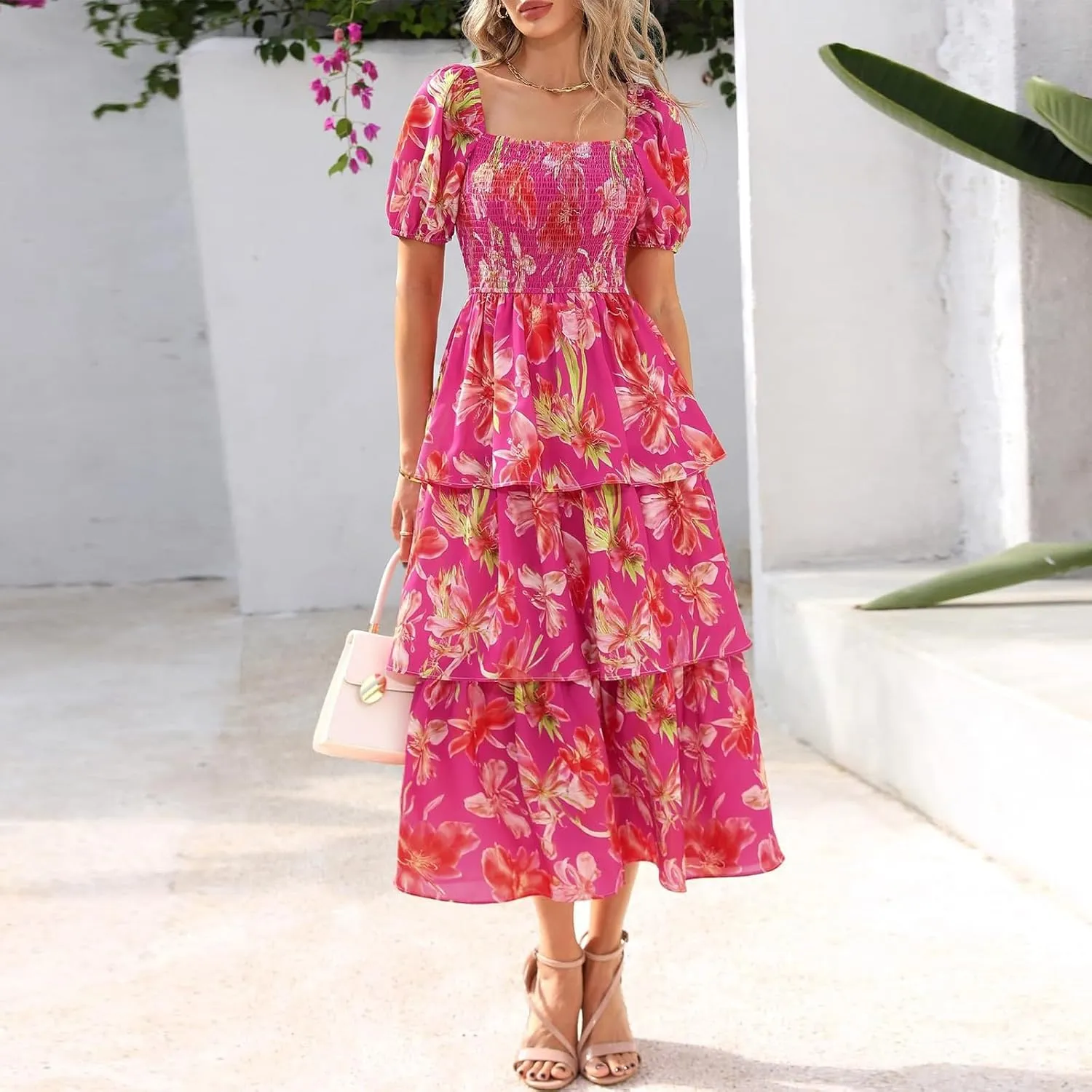 Tiered Maxi Dresses for Women 2025 Casual Boho Summer Dress Cute Long Floral Dresses Square Neck Short Sleeve Dress