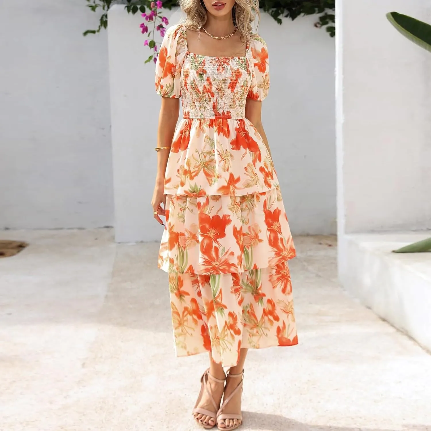 Tiered Maxi Dresses for Women 2025 Casual Boho Summer Dress Cute Long Floral Dresses Square Neck Short Sleeve Dress