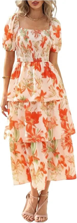 Tiered Maxi Dresses for Women 2025 Casual Boho Summer Dress Cute Long Floral Dresses Square Neck Short Sleeve Dress
