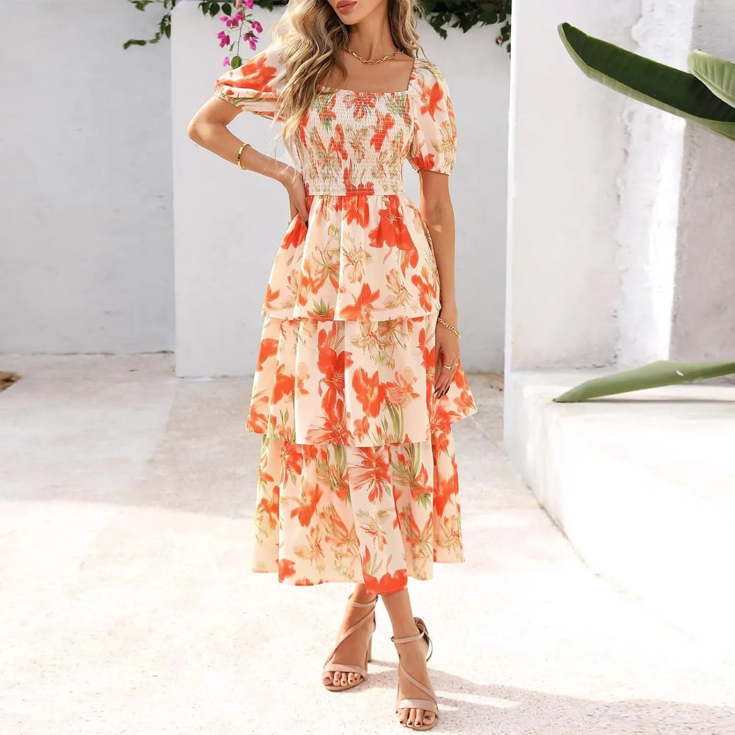 Tiered Maxi Dresses for Women 2025 Casual Boho Summer Dress Cute Long Floral Dresses Square Neck Short Sleeve Dress