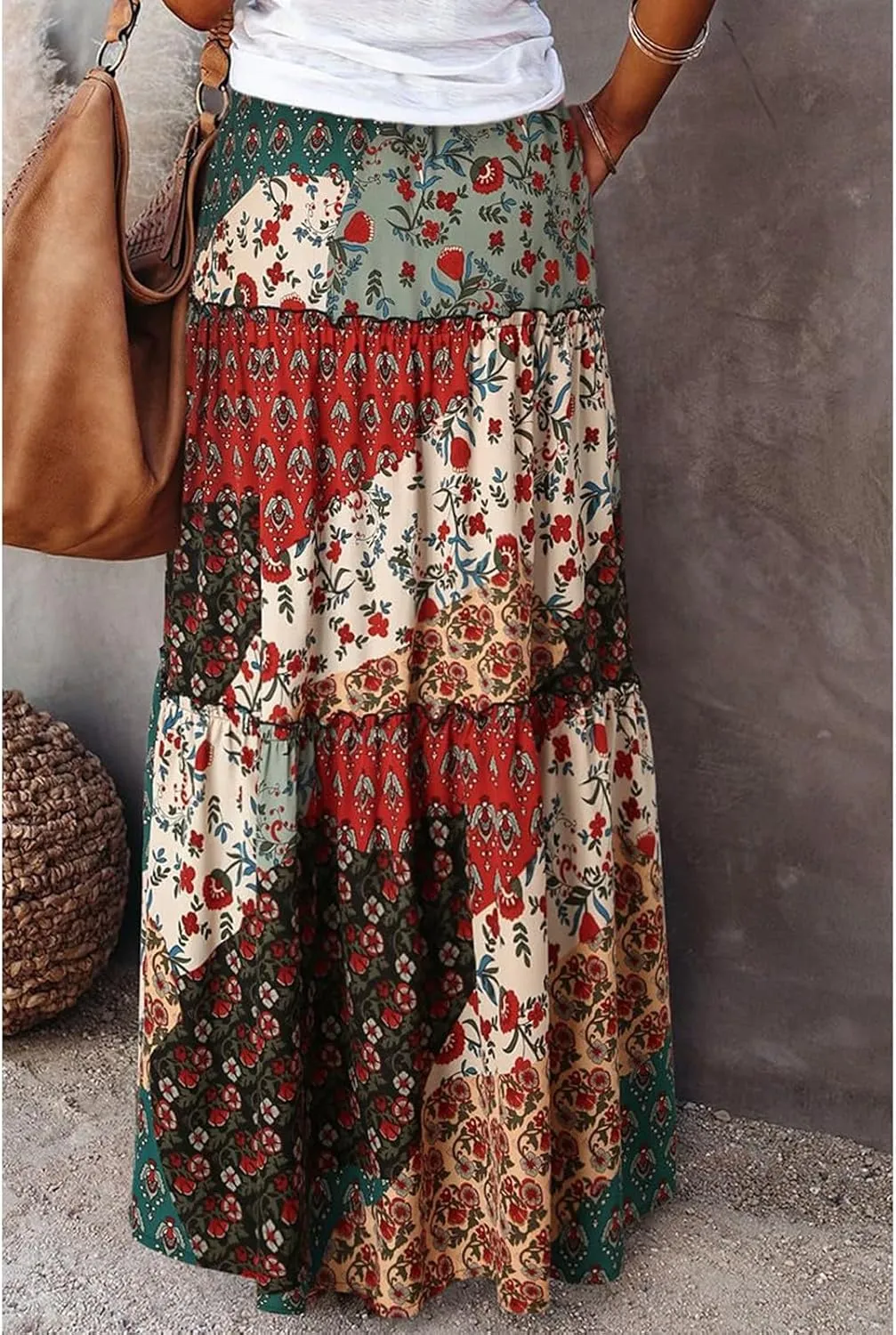 Tiered Pleated Skirts for Women Boho Floral Beach A Line Maxi Skirt Summer Casual High Waist Long Skirts with Pockets