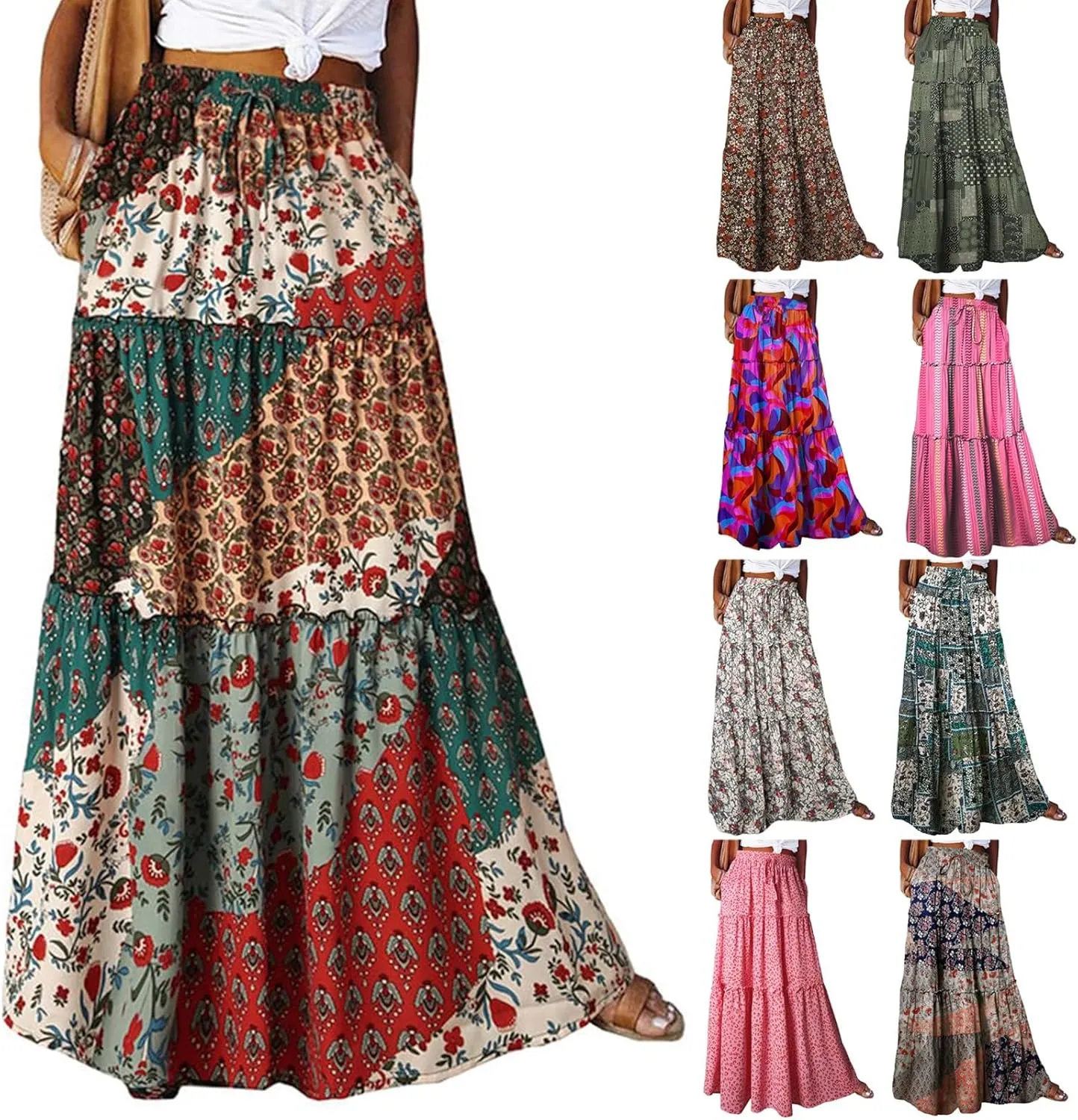 Tiered Pleated Skirts for Women Boho Floral Beach A Line Maxi Skirt Summer Casual High Waist Long Skirts with Pockets