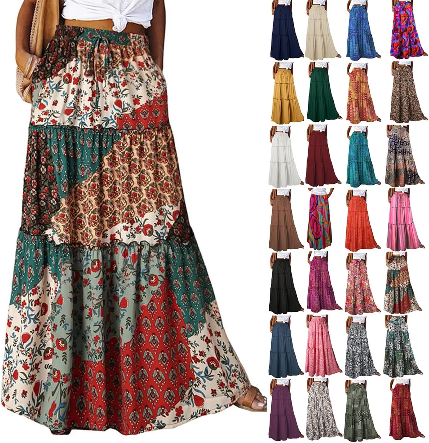 Tiered Pleated Skirts for Women Boho Floral Beach A Line Maxi Skirt Summer Casual High Waist Long Skirts with Pockets