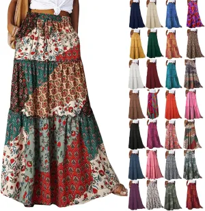 Tiered Pleated Skirts for Women Boho Floral Beach A Line Maxi Skirt Summer Casual High Waist Long Skirts with Pockets