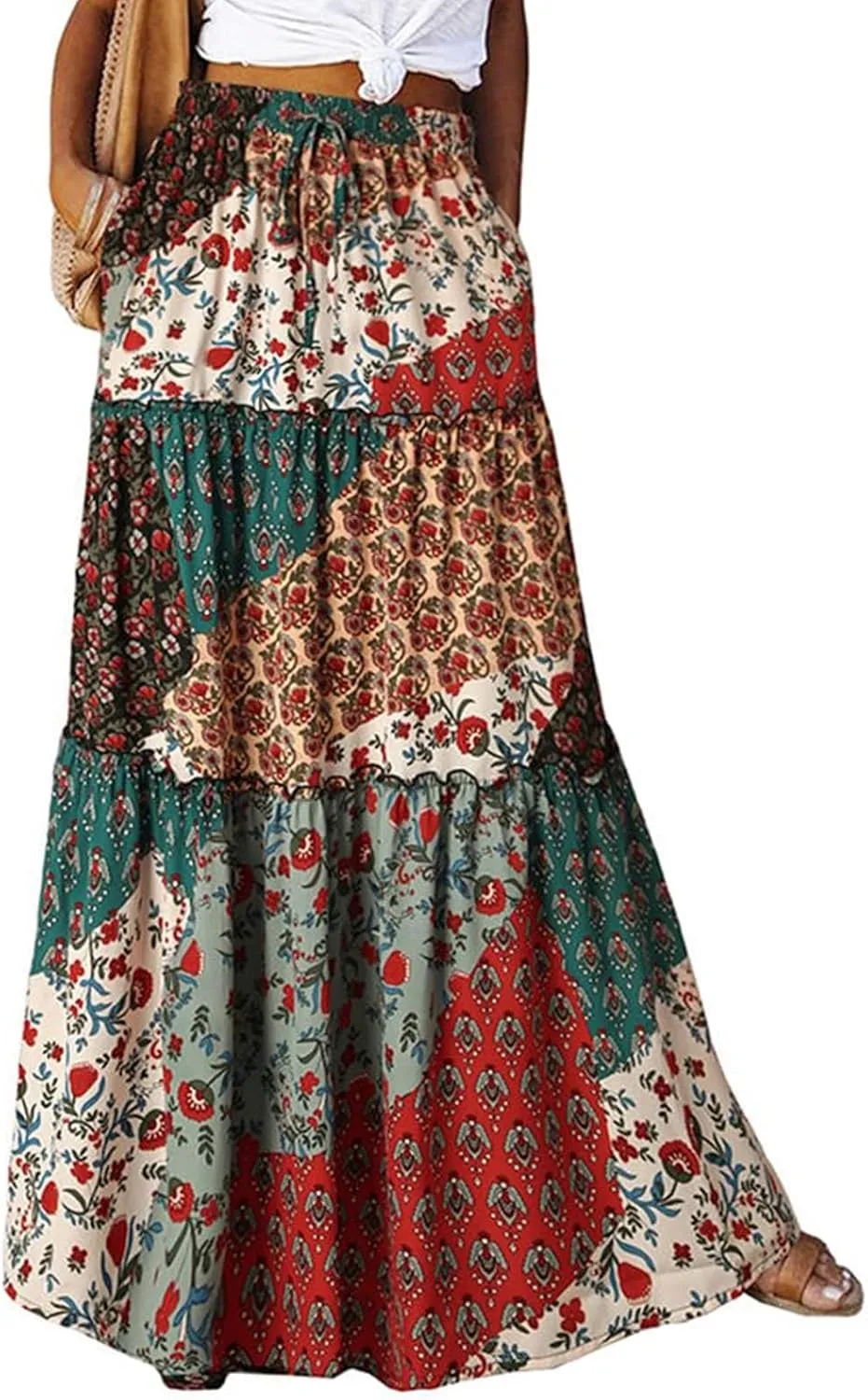 Tiered Pleated Skirts for Women Boho Floral Beach A Line Maxi Skirt Summer Casual High Waist Long Skirts with Pockets