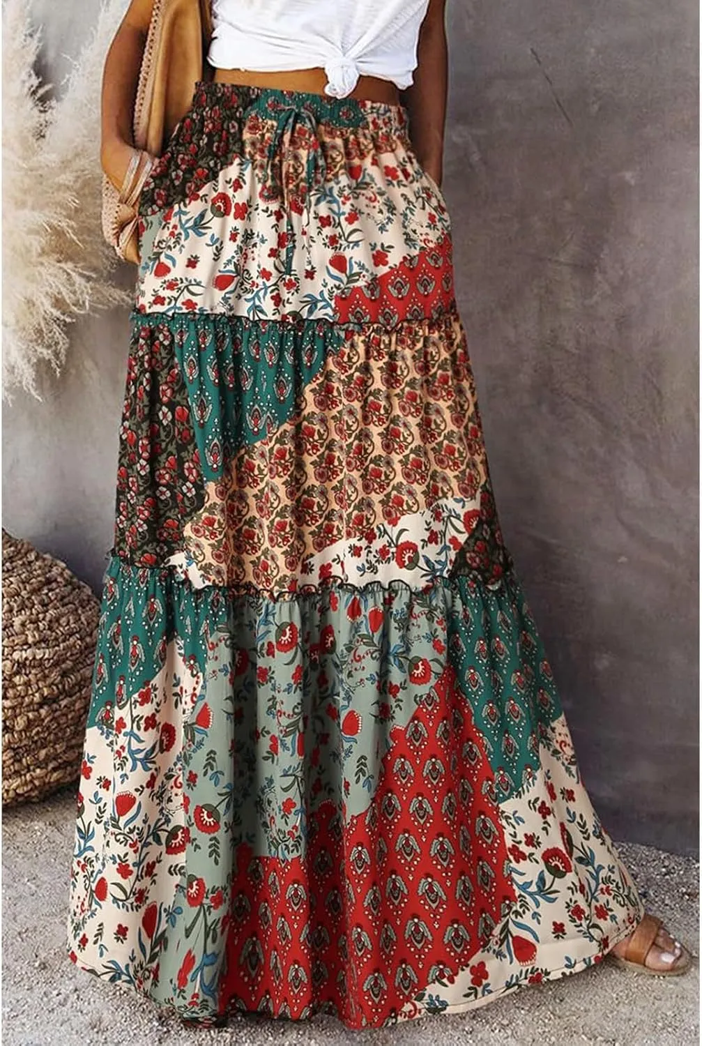 Tiered Pleated Skirts for Women Boho Floral Beach A Line Maxi Skirt Summer Casual High Waist Long Skirts with Pockets