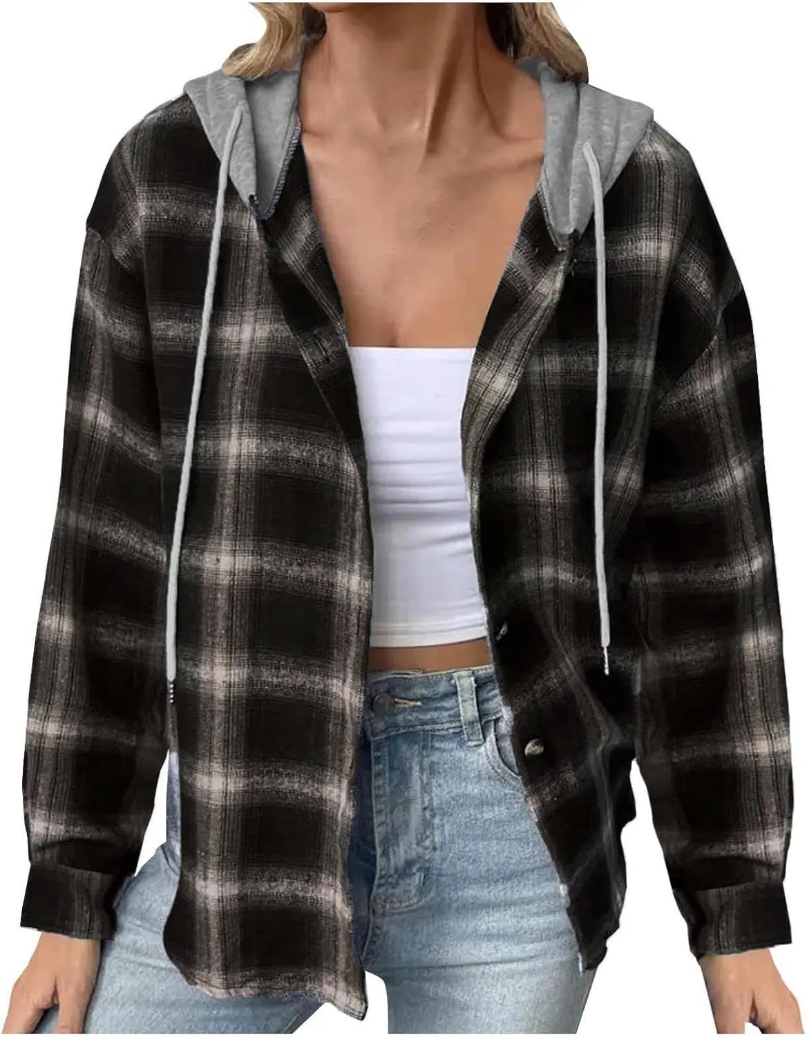 Trench Coat for Women 2024 Plaid Long Sleeve Cardigan Tops Mid-length Hooded Jackets Outerwear Winter Coats
