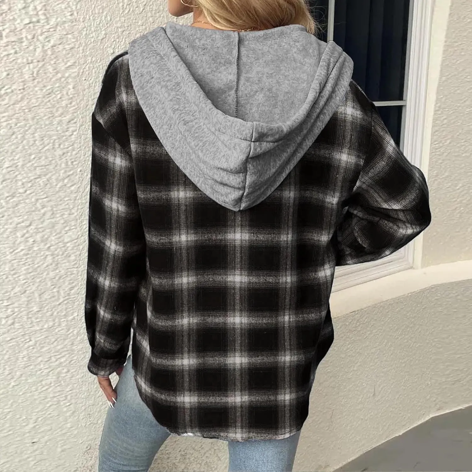 Trench Coat for Women 2024 Plaid Long Sleeve Cardigan Tops Mid-length Hooded Jackets Outerwear Winter Coats