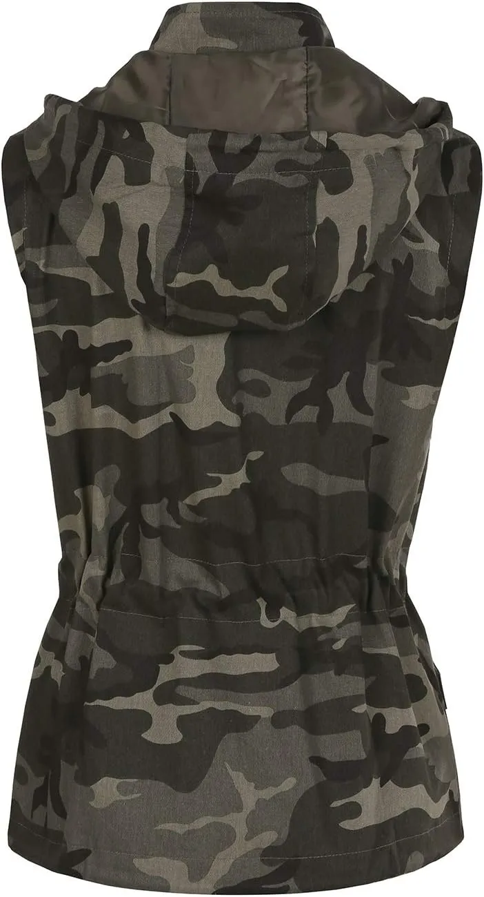Tutorutor Womens Military Safari Camo Vest Utility Lightweight Sleeveless Hooded Drawstring Jackets with Pockets