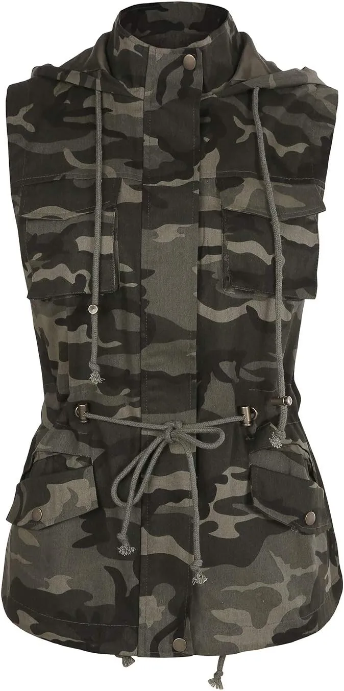 Tutorutor Womens Military Safari Camo Vest Utility Lightweight Sleeveless Hooded Drawstring Jackets with Pockets