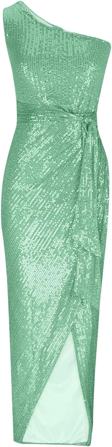 Uillui Women's Elegant Ruched Sequin Gowns Sexy One Shoulder Split Bodycon Maxi Formal Dress Glitter Sparkle Evening Dresses