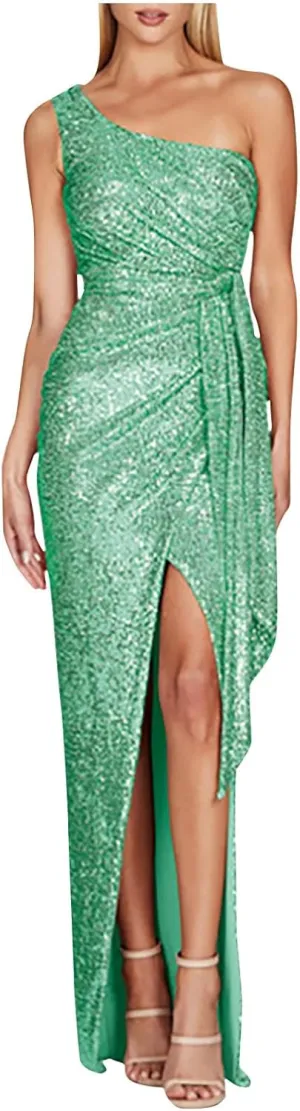 Uillui Women's Elegant Ruched Sequin Gowns Sexy One Shoulder Split Bodycon Maxi Formal Dress Glitter Sparkle Evening Dresses
