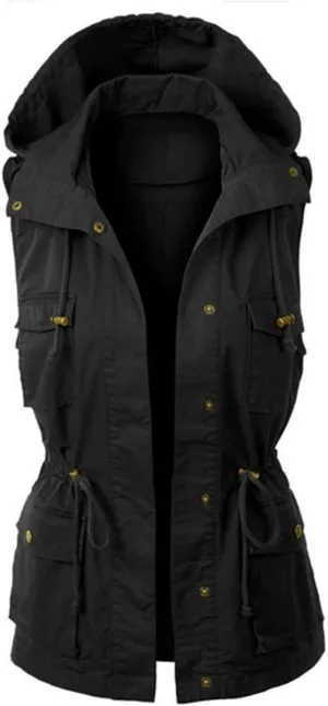 Utility Vest for Women Sleeveless High Neck Button Up Plain Shacket Jacket Hooded Coat Loose Fit Drawstring Winter Trendy