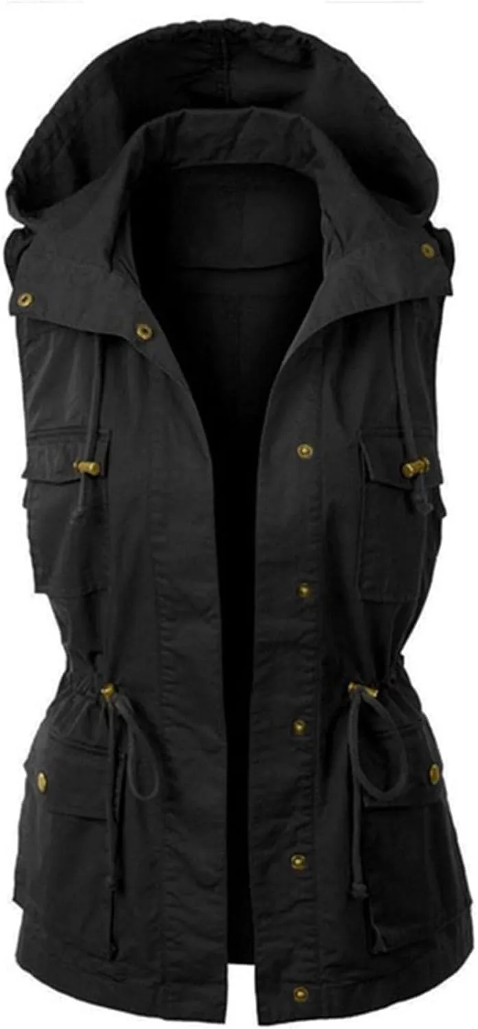 Utility Vest for Women Sleeveless High Neck Button Up Plain Shacket Jacket Hooded Coat Loose Fit Drawstring Winter Trendy