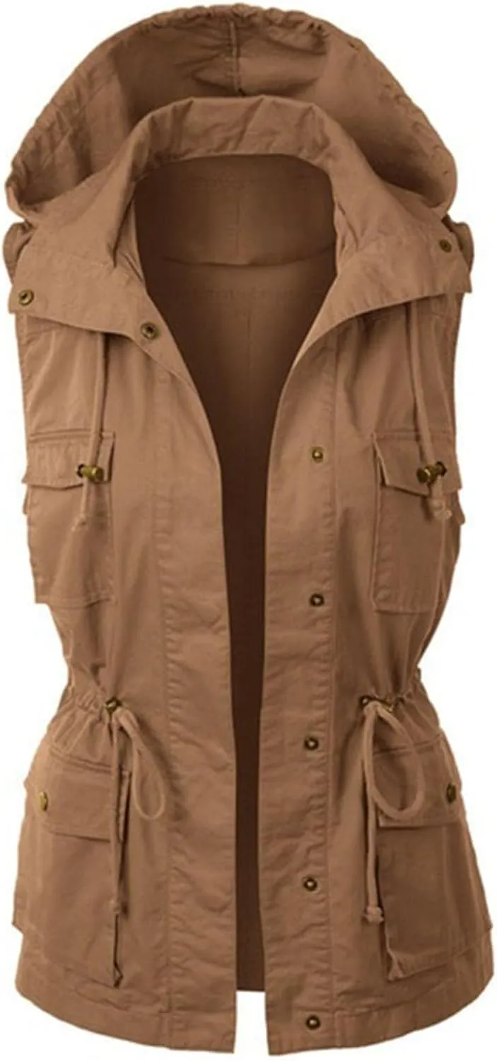Utility Vest for Women Sleeveless High Neck Button Up Plain Shacket Jacket Hooded Coat Loose Fit Drawstring Winter Trendy