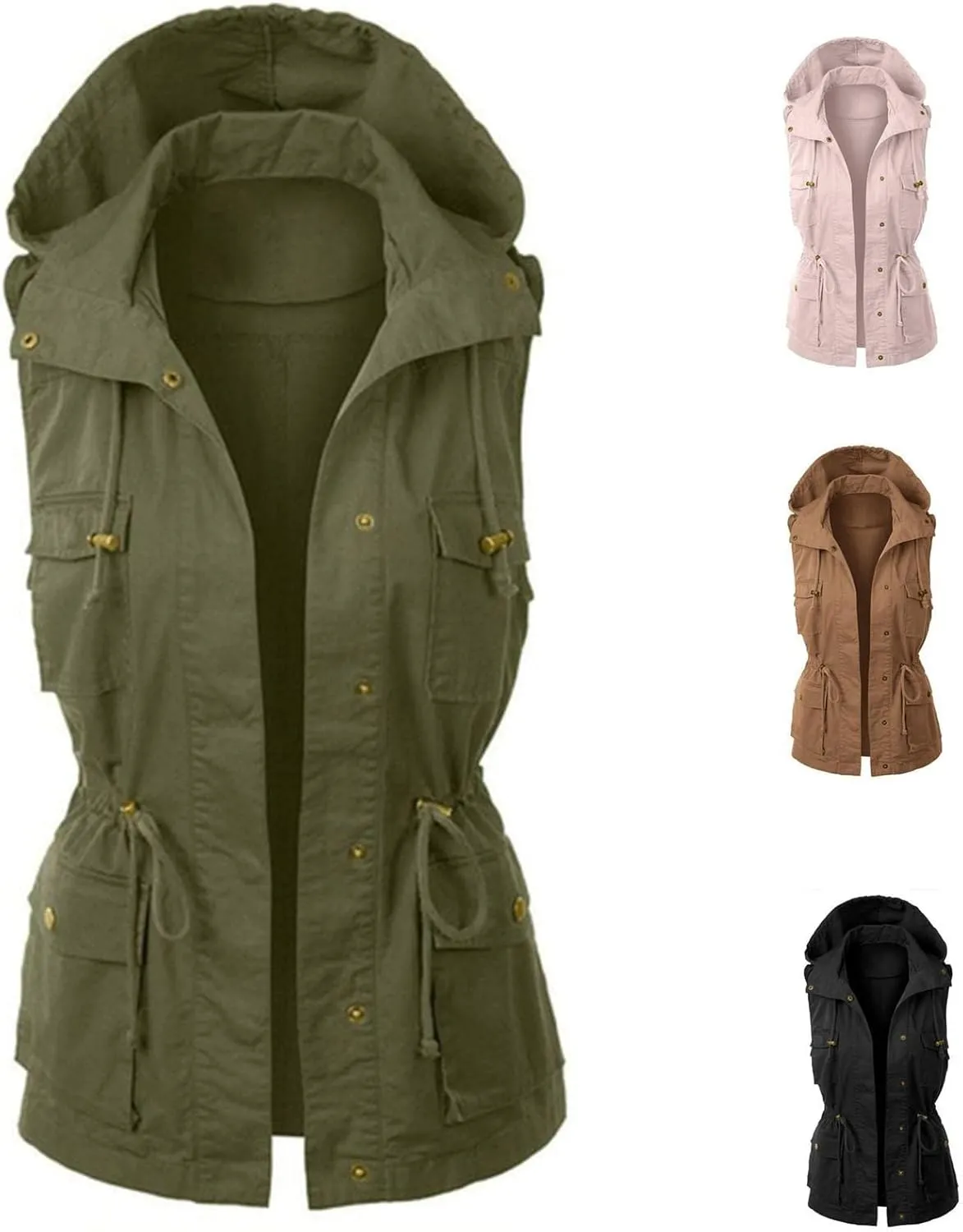 Utility Vest for Women Sleeveless High Neck Button Up Plain Shacket Jacket Hooded Coat Loose Fit Drawstring Winter Trendy