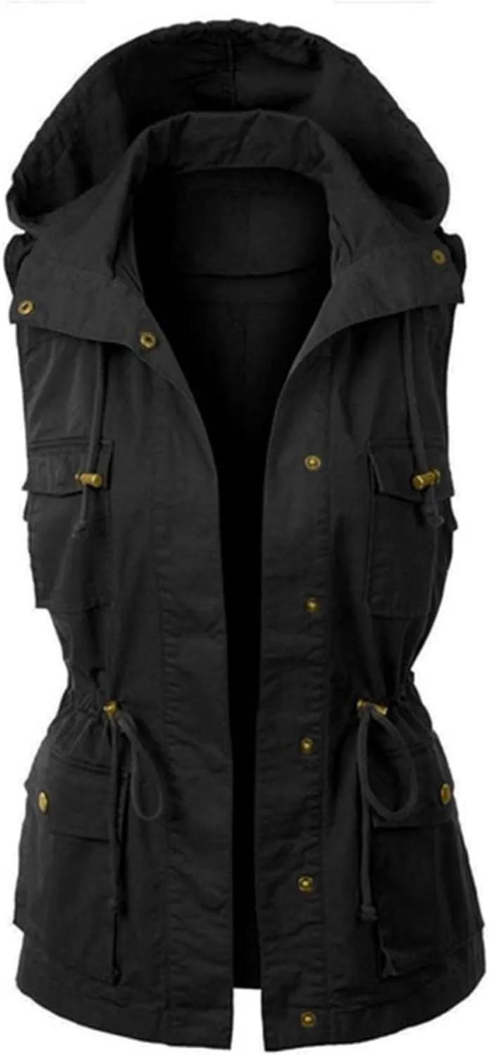 Utility Vest for Women Sleeveless High Neck Button Up Plain Shacket Jacket Hooded Coat Loose Fit Drawstring Winter Trendy