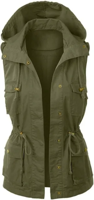 Utility Vest for Women Sleeveless High Neck Button Up Plain Shacket Jacket Hooded Coat Loose Fit Drawstring Winter Trendy