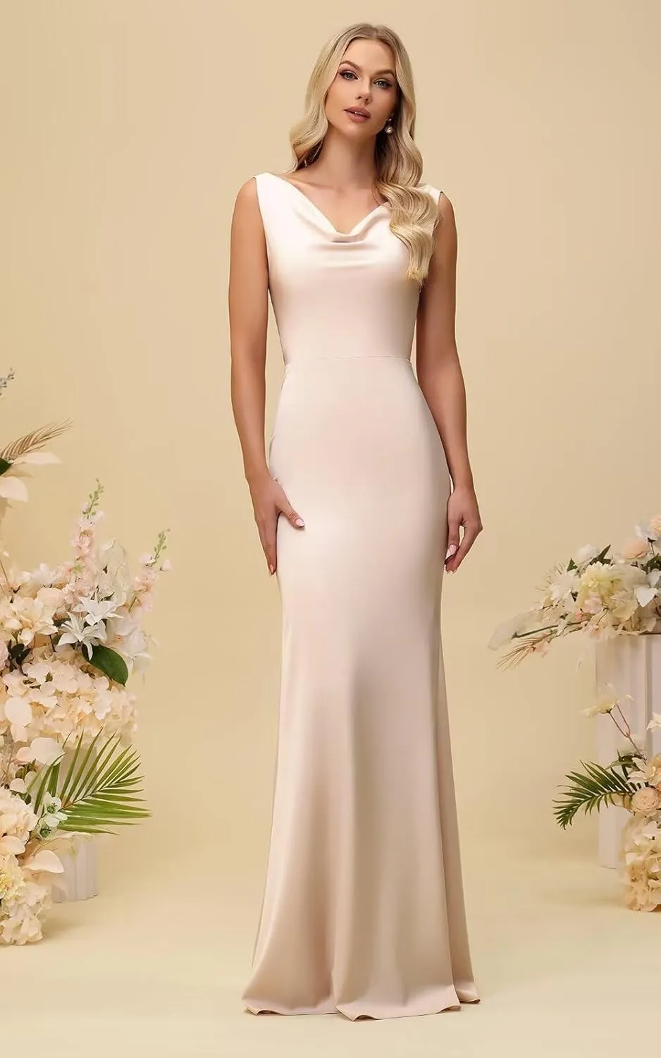 UZN Slip Satin Bridesmaid Dresses Double Cowl Neck 2025 Long Bodycon Formal Evening Party Gowns