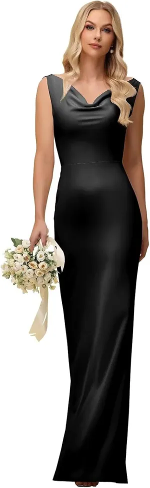 UZN Slip Satin Bridesmaid Dresses Double Cowl Neck 2025 Long Bodycon Formal Evening Party Gowns
