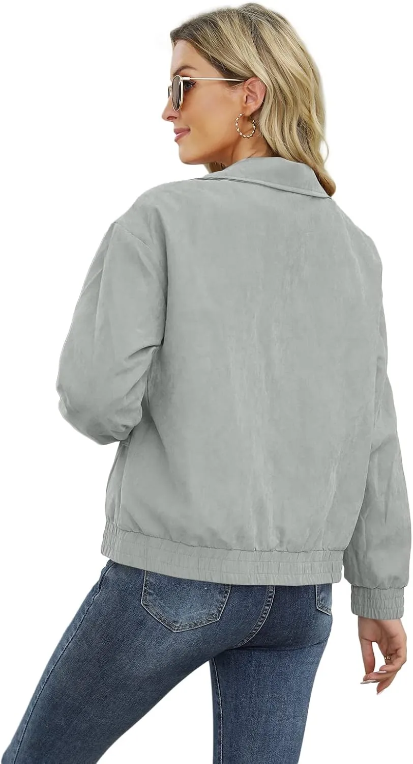 Valpweet Women'S Bomber Jacket Zip Up Casual Sweatshirts Jackets Long Sleeve Lightweight Loose Outwear