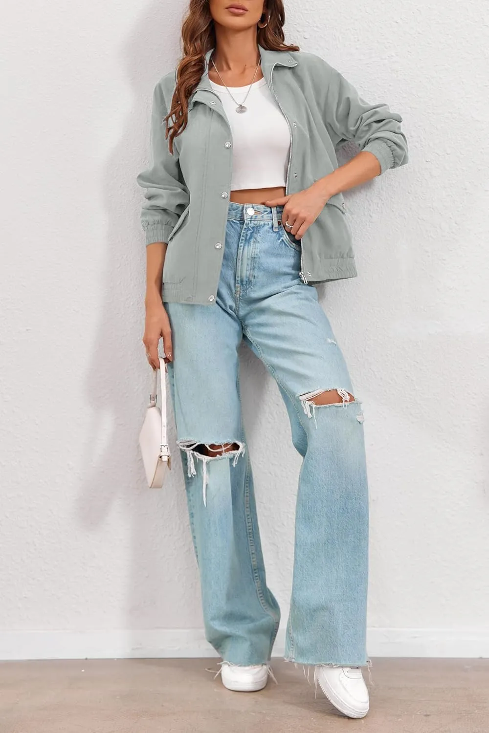 Valpweet Women'S Bomber Jacket Zip Up Casual Sweatshirts Jackets Long Sleeve Lightweight Loose Outwear