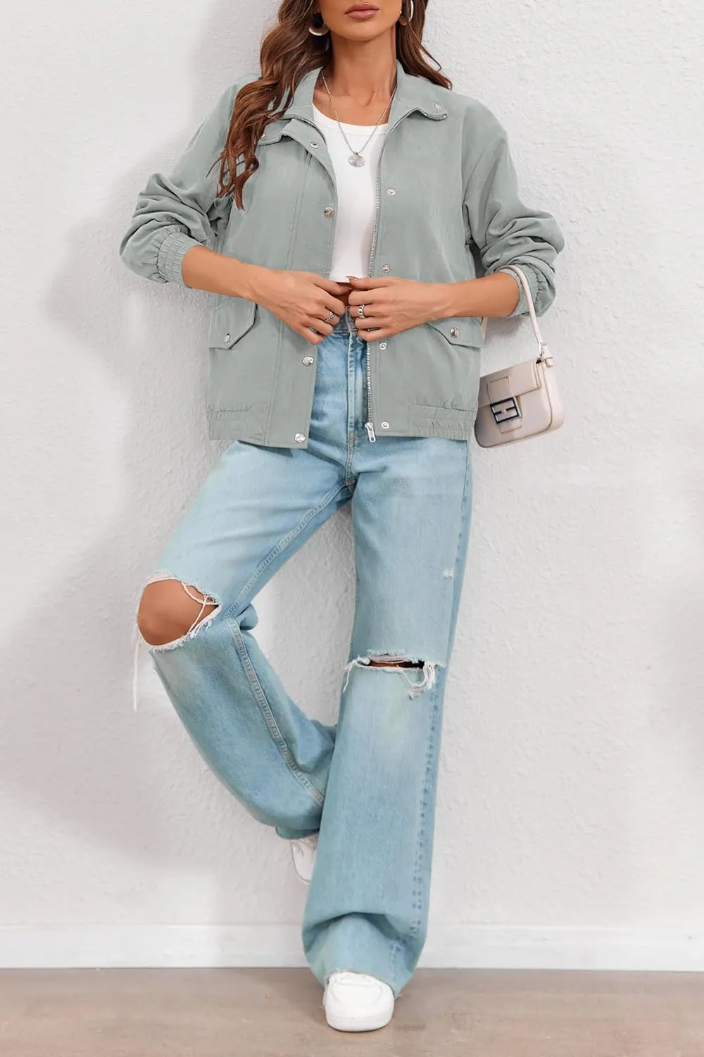 Valpweet Women'S Bomber Jacket Zip Up Casual Sweatshirts Jackets Long Sleeve Lightweight Loose Outwear