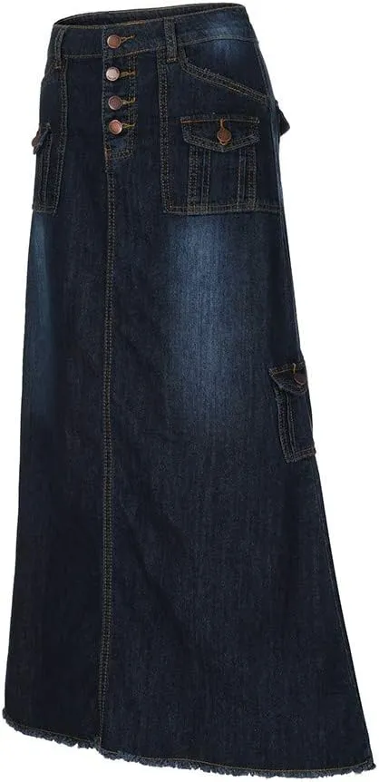 Vintage Denim Jeans Long Skirts Button Mid Pocket Fashion Straight Front Maxi Waist Denim Skirt Elegant Plus Size Girls
