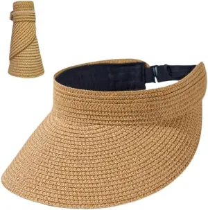 Wide Brim Sun Hats for Women UV Protection Straw Visor Hats Ponytail Foldable Beach Hats Sun Visor Hats Packable