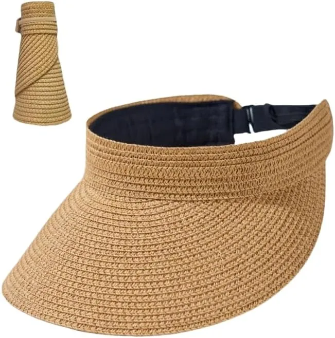 Wide Brim Sun Hats for Women UV Protection Straw Visor Hats Ponytail Foldable Beach Hats Sun Visor Hats Packable