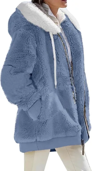Winter Coats for Women Hooded Sherpa Jacket Fleece Oversized Trendy Color Block Jackets Warm Outerwear 2024