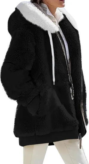 Winter Coats for Women Hooded Sherpa Jacket Fleece Oversized Trendy Color Block Jackets Warm Outerwear 2024