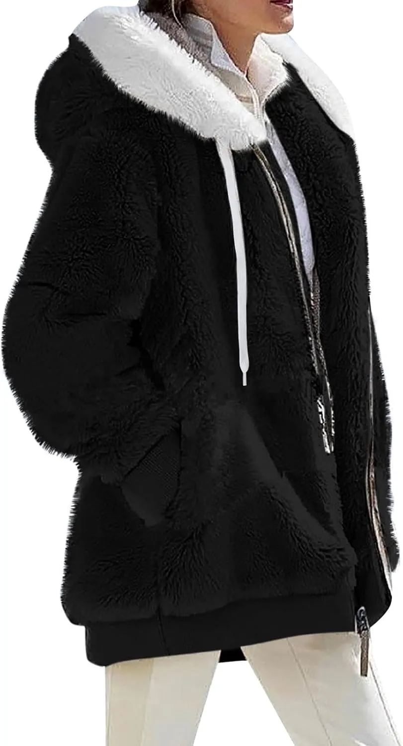 Winter Coats for Women Hooded Sherpa Jacket Fleece Oversized Trendy Color Block Jackets Warm Outerwear 2024