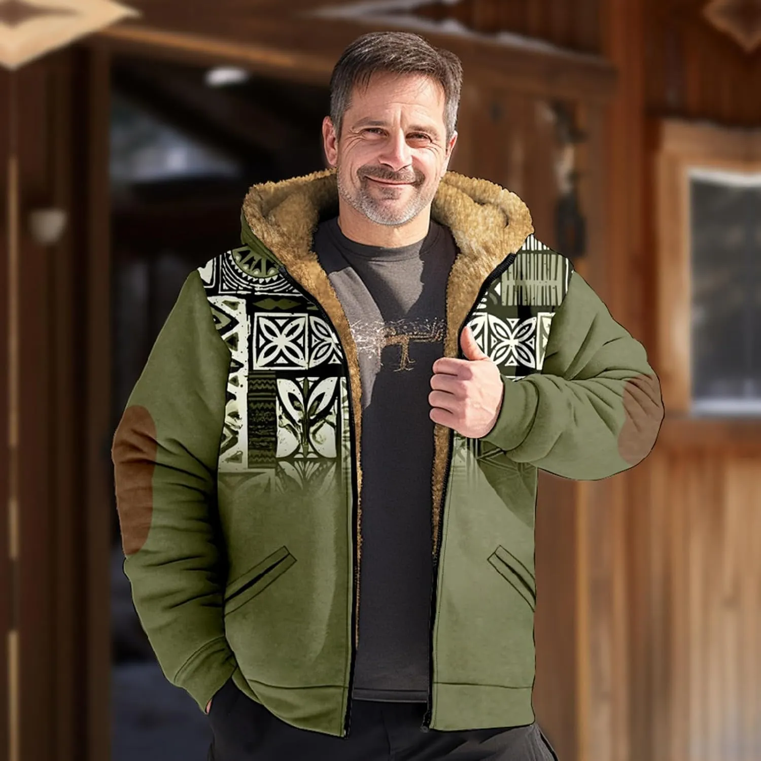 Winter Jacket for Men Printed Work Cargo Coats Zipper Outerwear Fleece Sherpa Lined Hoodies Hooded Sweatshirt Tops