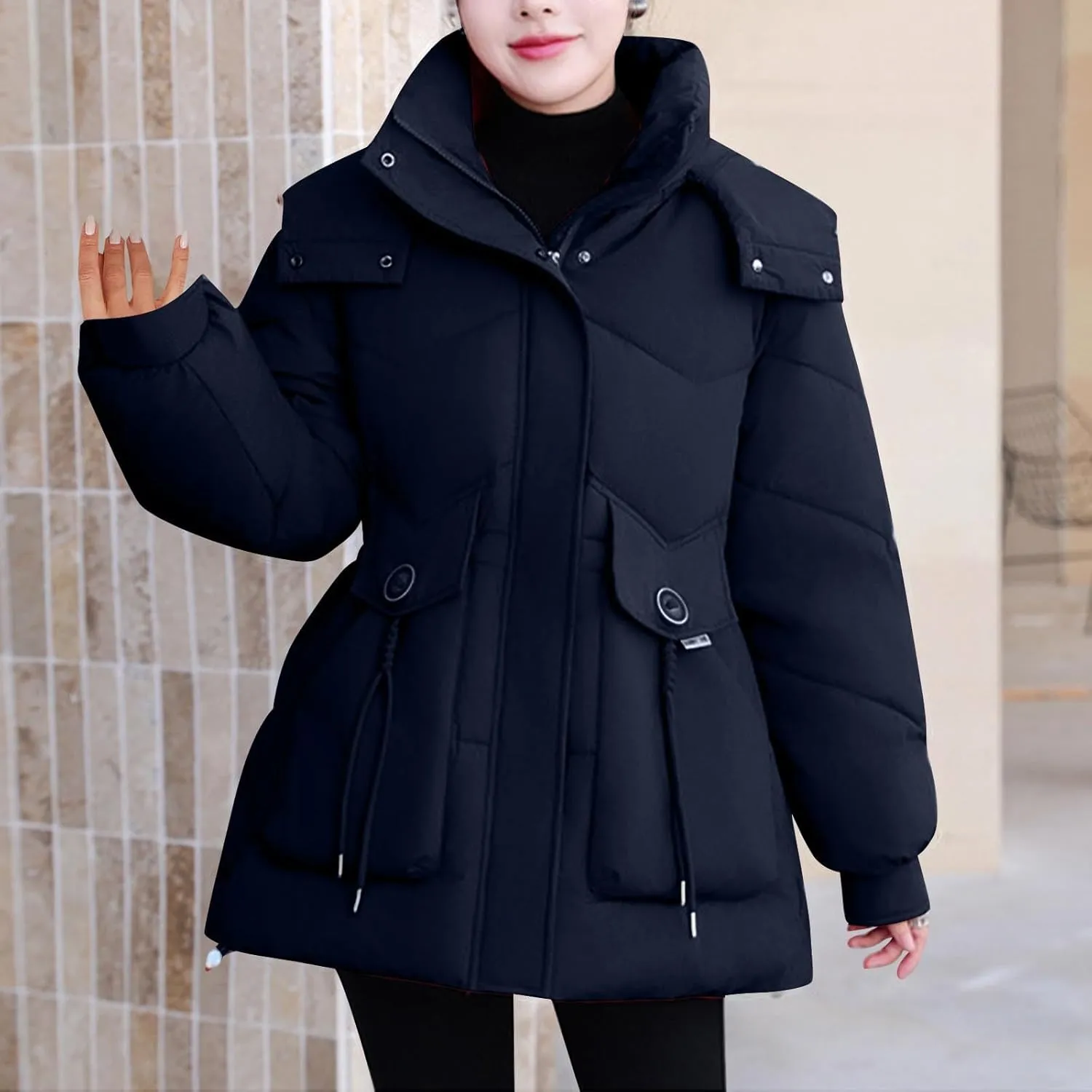 Winter Jackets for Women Full-Zip Windproof Down Coats Fashion Puffer Jackets Warm Thicken Hooded Quilted Outerwear