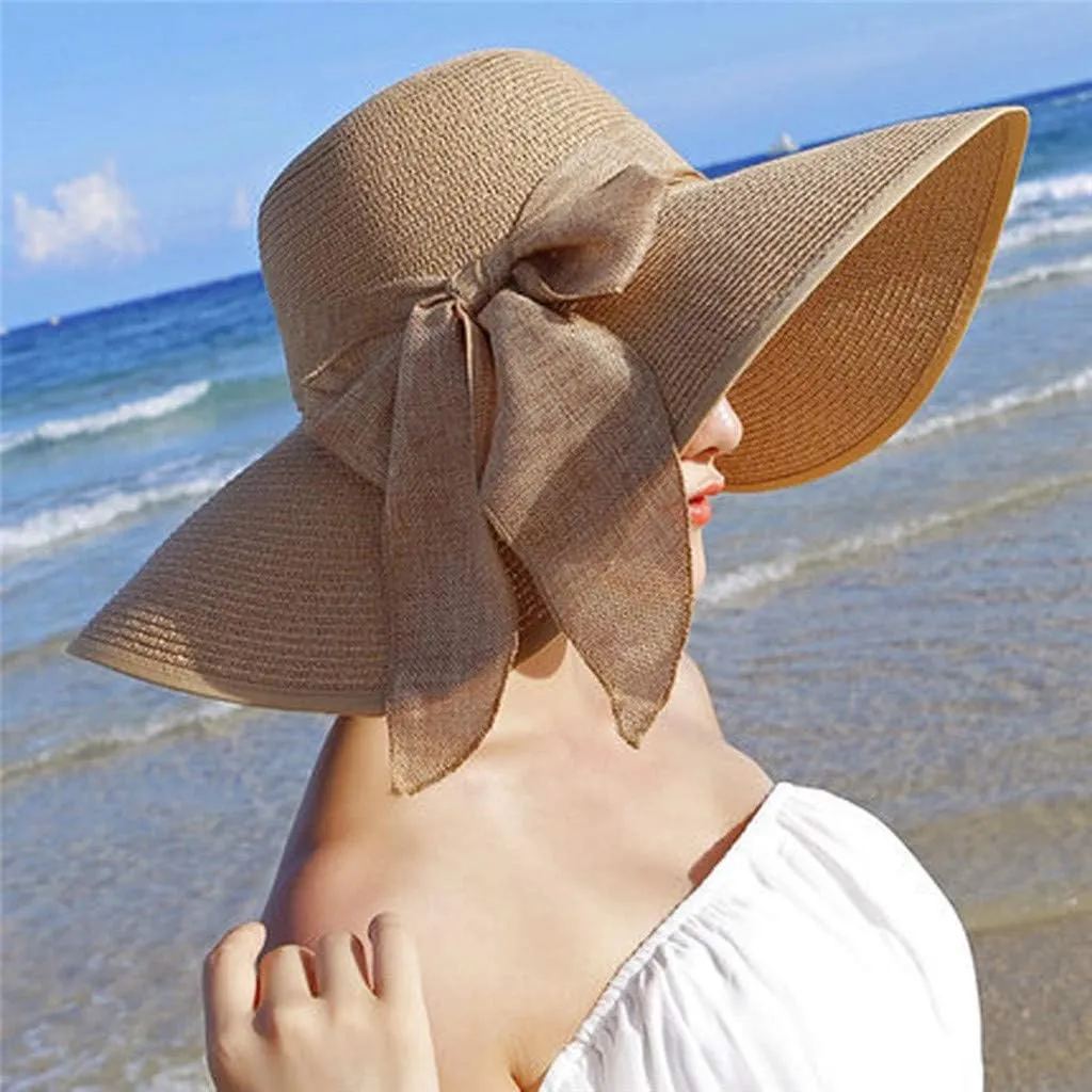 Women Big Brim Straw Hat Sun Floppy Wide Brim Hats New Bowknot Breathable Vintage Fashion Folding Beach caps Gym Clothing