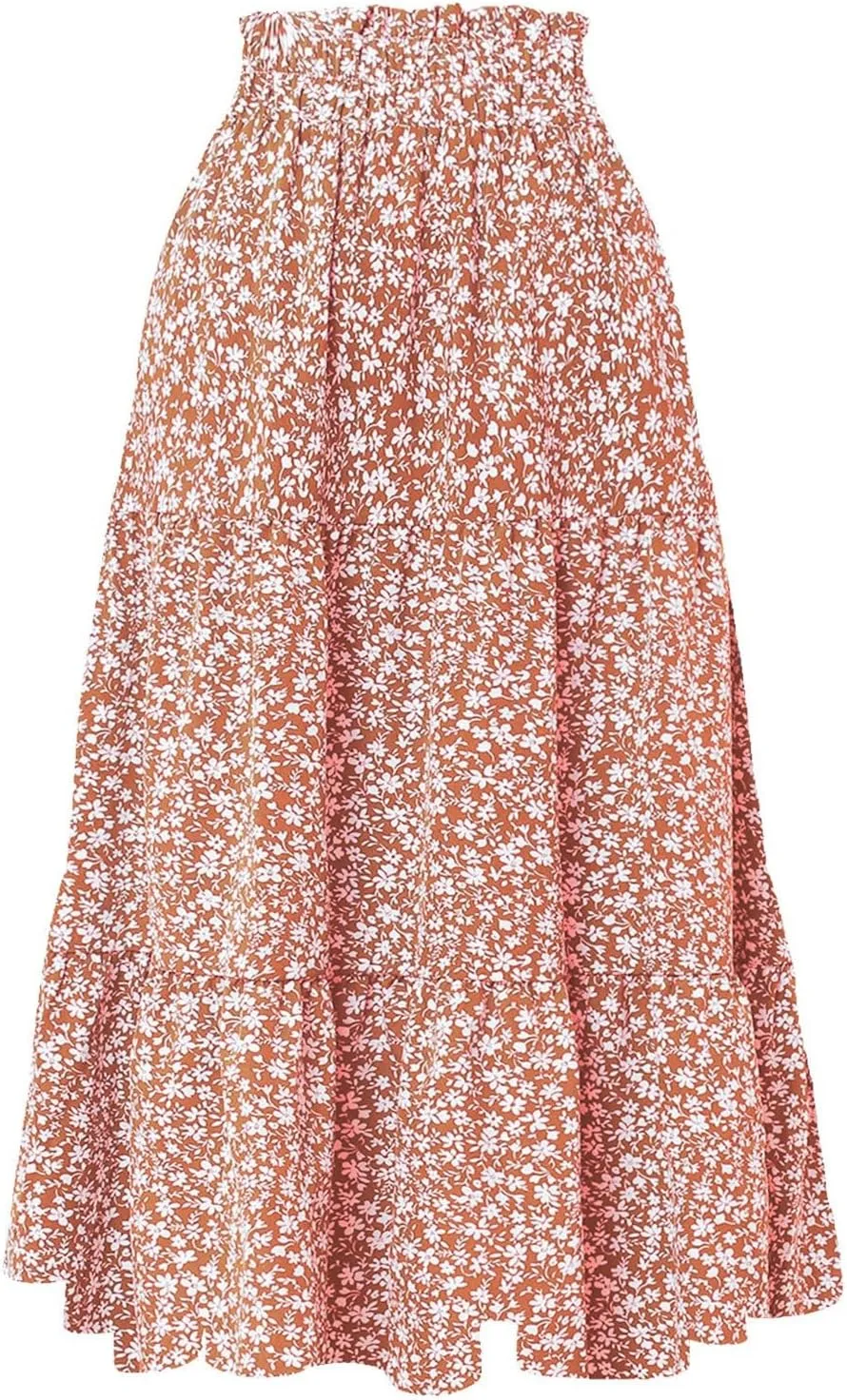 Women Boho Floral Summer Maxi Skirt Elastic High Waist Tiered Pleated Flowy Long Casual Beach Skirt