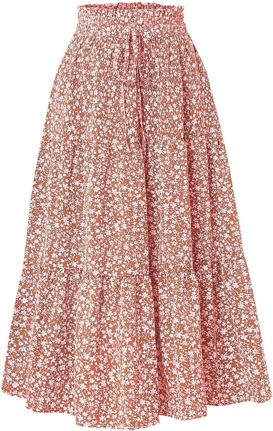 Women Boho Floral Summer Maxi Skirt Elastic High Waist Tiered Pleated Flowy Long Casual Beach Skirt