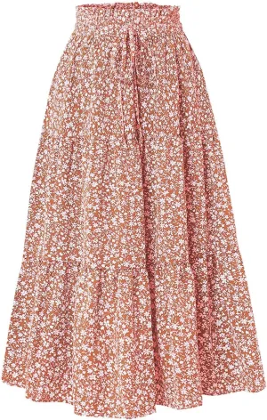 Women Boho Floral Summer Maxi Skirt Elastic High Waist Tiered Pleated Flowy Long Casual Beach Skirt