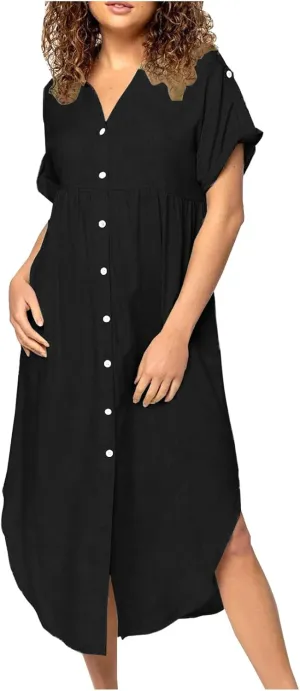 Women Button Front Maxi Shirt Dress Solid Short Sleeve V Neck Dresses Loose Fit Lightweight Sundress