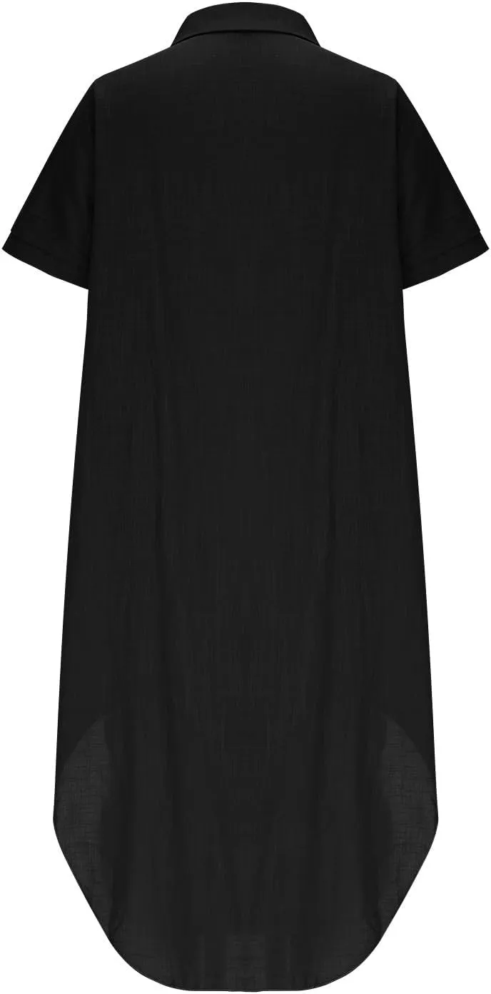 Women Button Front Maxi Shirt Dress Solid Short Sleeve V Neck Dresses Loose Fit Lightweight Sundress