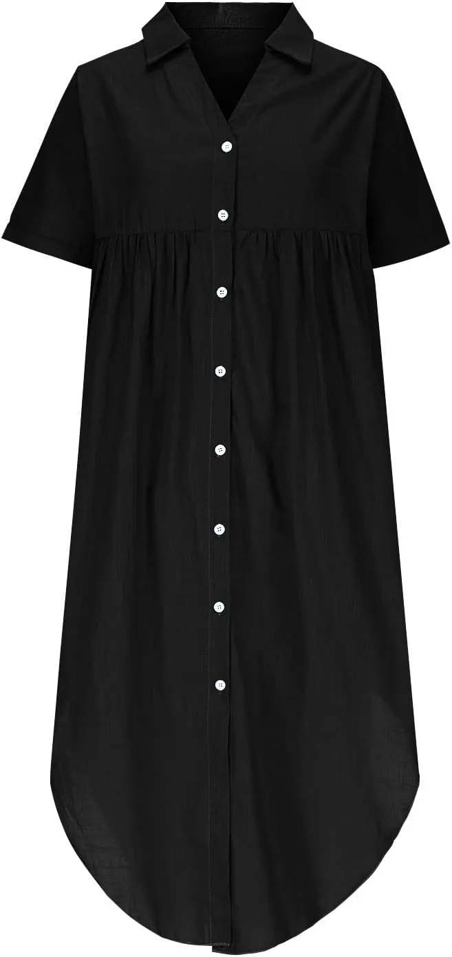 Women Button Front Maxi Shirt Dress Solid Short Sleeve V Neck Dresses Loose Fit Lightweight Sundress