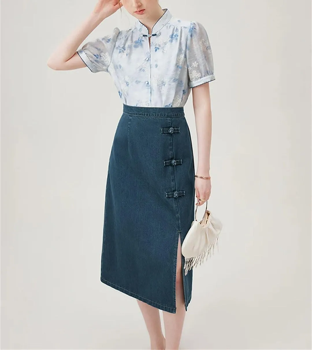 Women Denim Skirts Back Elastic Waist Button Asymmetric Long Skirts Dark Denim Skirt