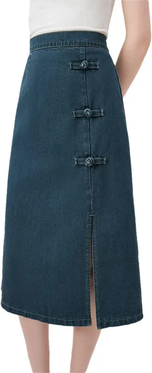 Women Denim Skirts Back Elastic Waist Button Asymmetric Long Skirts Dark Denim Skirt